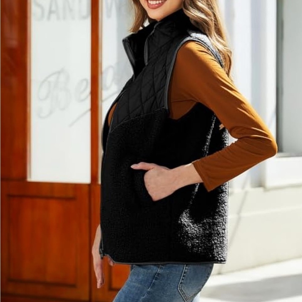 VIPWEST Women's Fuzzy Fleece Sherpa Vest Stand Collar Sleeveless Outerwear L - Picture 4 of 9